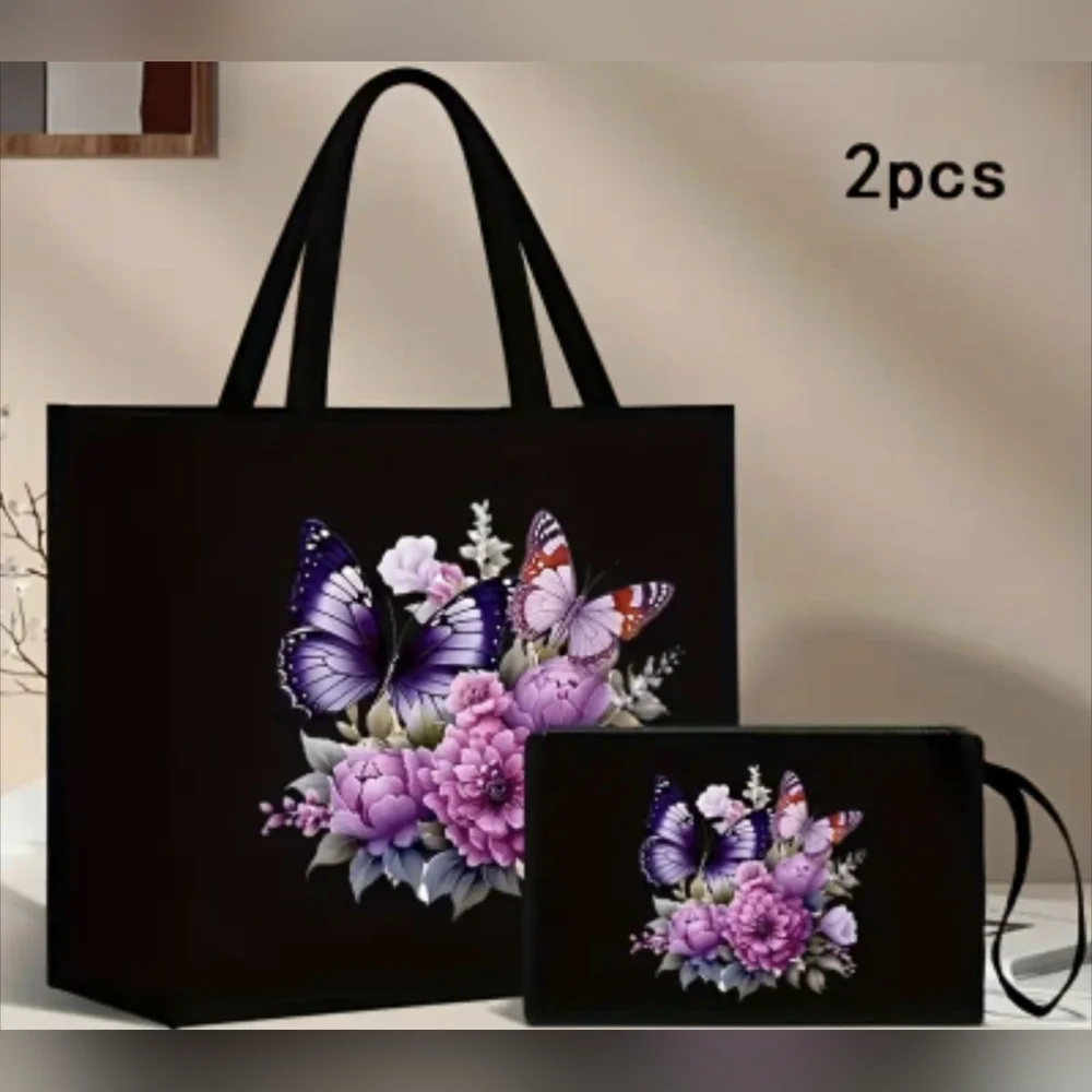 Butterfly Floral Tote Bag & Matching Pouch Set, T11MIS